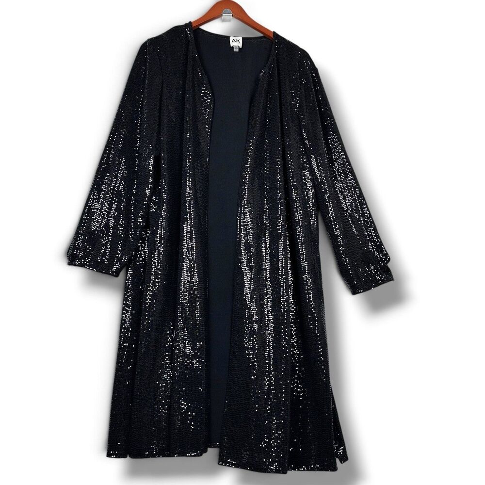 Anne Klein Long Duster AK Black Sparkly Sequined Cardigan Jacket Sz. 2XL Holiday